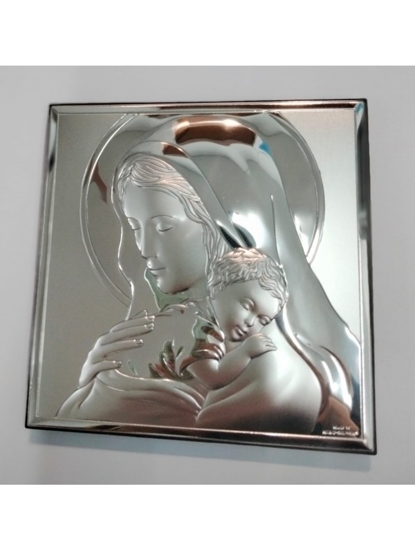 Cuadrito plata bilaminada Virgen con Niño 12 x 12 cm 