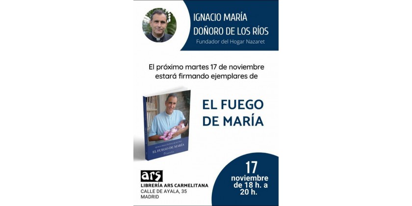 Firma del libro El Fuego de María por su autor hoy en ARS Carmelitana (Madrid)