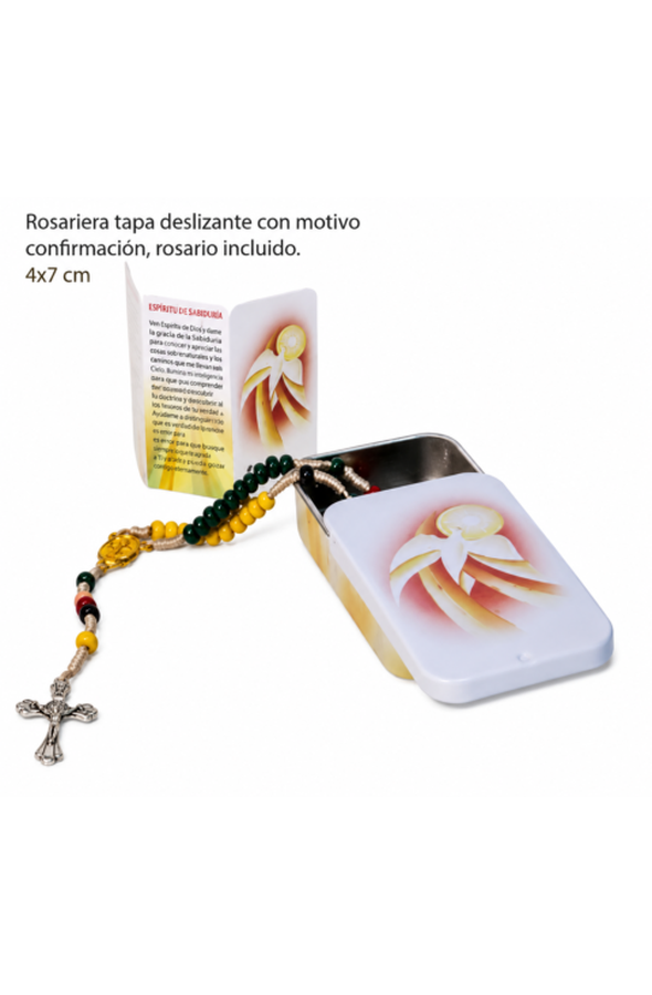Cajita de lata sacramentos con rosario misionero 4x7 cm.