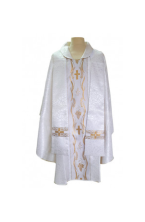 Casulla Estampada Adamascada Galón Cruces Espigas Blanco 19985