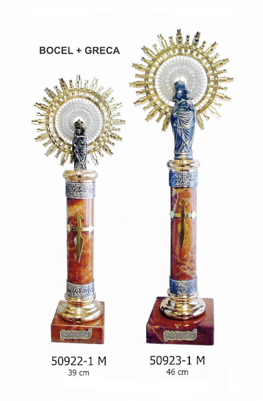 Virgen Pilar 39 cm bocel y greca. Columna alabastro con corona.